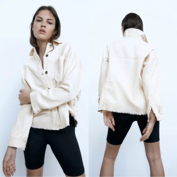 Zara Jackets & Blazers - Zara Ivory Corduroy Trucker Jacket Shacket Raw Hem Oversized | Small | Pockets